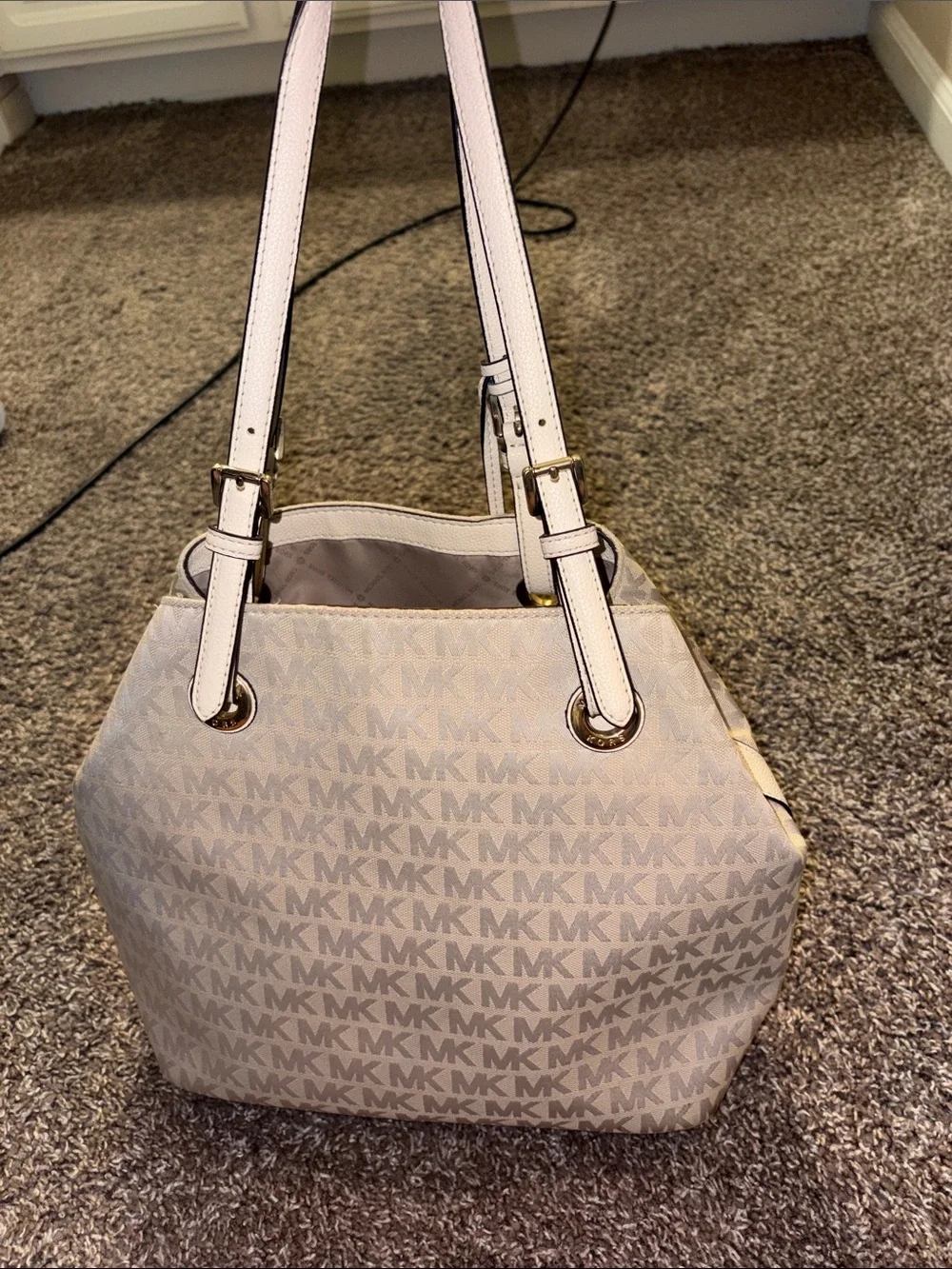 Authentic Michael Kors Cream-Beige MK Logo Shoulder Tote with Gold Accents